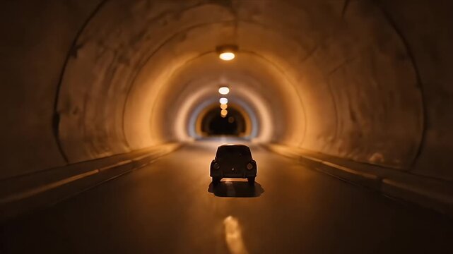 Looping video seamless Toy car tunnel road vehicle model miniature centered warm light, tunnel road car toy model vehicle interior perspective, dark tunnel road vehicle miniature model centered light