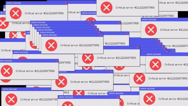 Critical error message pop-ups windows on computer screen. System crashes problems or digital failures. Motion graphics. 4k video