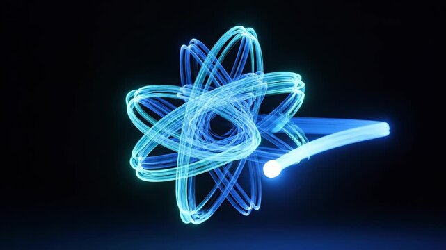 Glowing blue atom model with electrons orbiting nucleus.