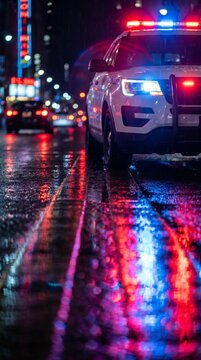 Police car flashing siren lights reflecting on wet city pavement