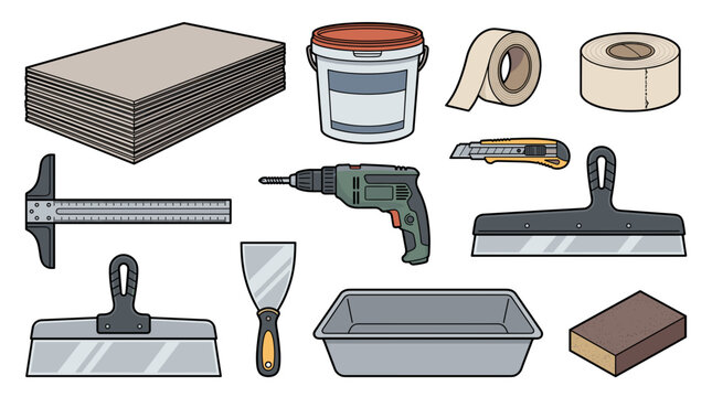 Flat drywall vector set of construction tools with plasterboard, joint compound bucket, taping knife, mud pan, drill and ruler for interior renovation.