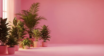 Fototapeta premium An intimate scene of quiet closeness in a cozy pink room filled with lush indoor plants, featuring soft shading and a warm, serene ambiance, design, shadow, tranquil