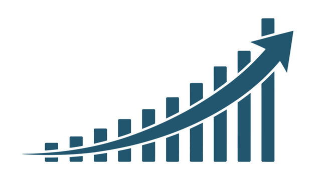Blue bar chart with upward arrow showing financial growth and business success trend
