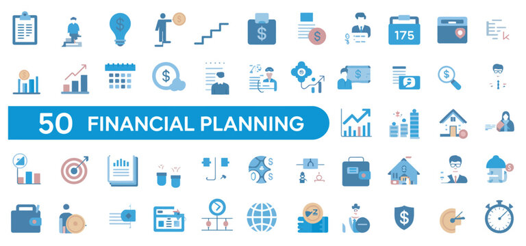 Set of fifty financial planning icons with blue accents for corporate business design
