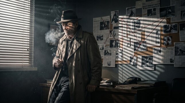 Detective working in a dark noir style office with evidence wall