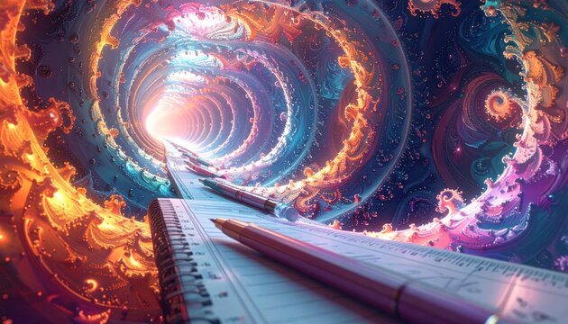 A spiral of light, notebook, and pen. A journey into vibrant possibilities