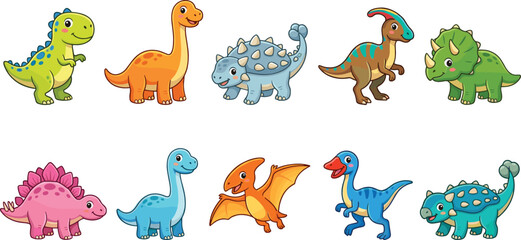 Cute Dinosaur Cartoon Characters Collection with Colorful Prehistoric Animals Vector Illustration Set © Jahangir