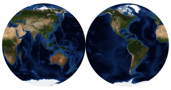 World map in Mollweide projection. Two equal-area hemispheres rotating. Detailed physical Earth animation. June View. Elements of this video furnished by NASA.