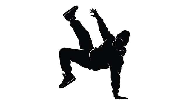 Energetic young man performing a dynamic breakdance move in this high contrast black silhouette photo capturing the essence of street culture and urban dance performance art