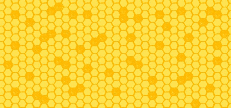 Yellow honeycomb seamless pattern with textured cells. Hand drawn honey bee wax grid. Horizontal golden geometric background with scribble doodle effect.