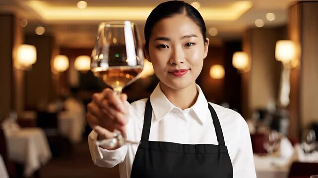 Smiling Asian waitress holding a glass of white wine in a restaurant.