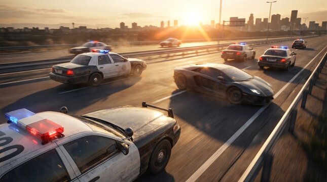 High speed police pursuit on a highway during a dramatic sunset