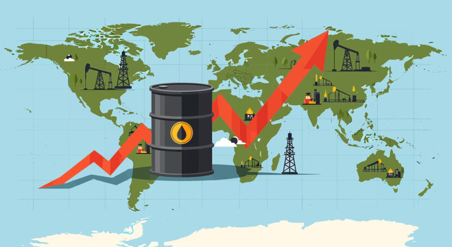 Global Oil Prices Soaring: Oil Barrel, Upward Arrow, World Map, Extraction Rigs