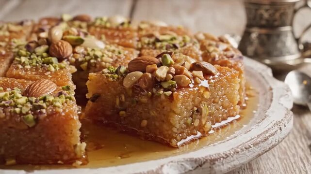 Homemade Middle Eastern Semolina Cake Topped With Almonds Pistachios and Dried Apricots