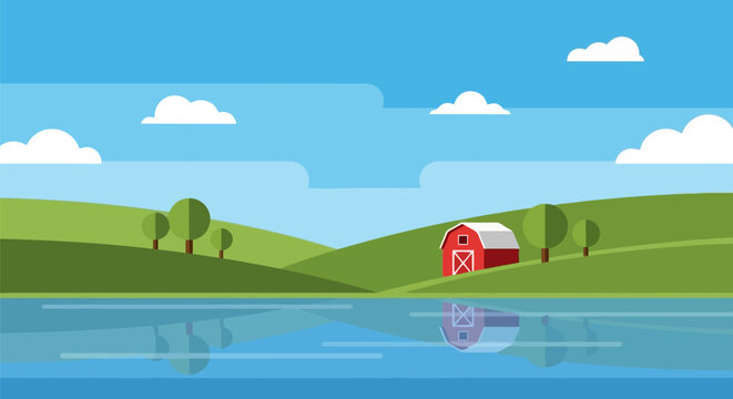 Red Barn by a Lake in a Green Landscape.
