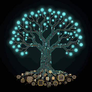 Circuit board tree with glowing blue nodes on black background