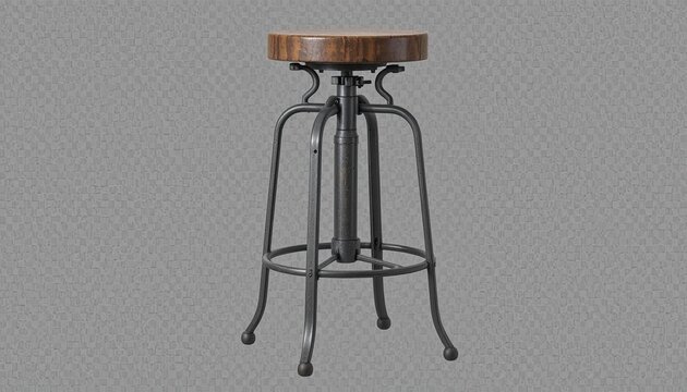 A wooden and metal adjustable bar stool with a rustic design on a gray background