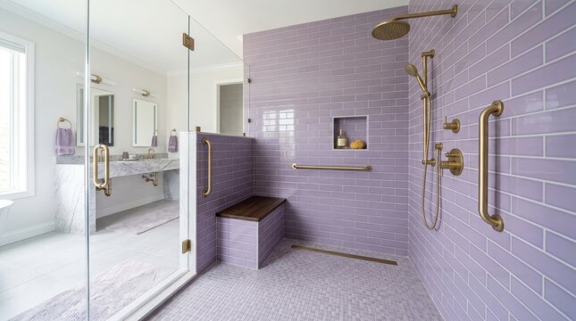 Accessible shower tiled in lavender with brass fixtures