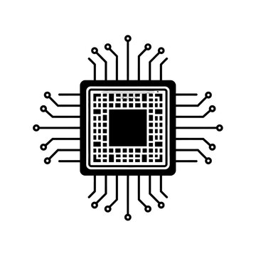 Black and white microchip icon with circuit lines Isolated on transparent background