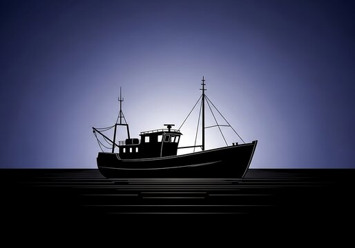Silhouette of a fishing boat on the sea against a gradient sky