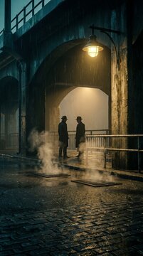 Undercover police officer meeting a suspect in a dark urban setting