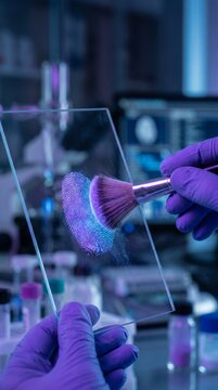 Forensic scientist analyzing fingerprints with ultraviolet light in a dark lab