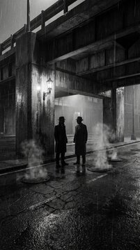 Undercover police officer meeting a suspect in a dark urban setting