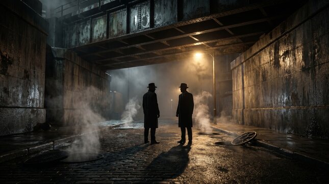 Undercover police officer meeting a suspect in a dark urban setting