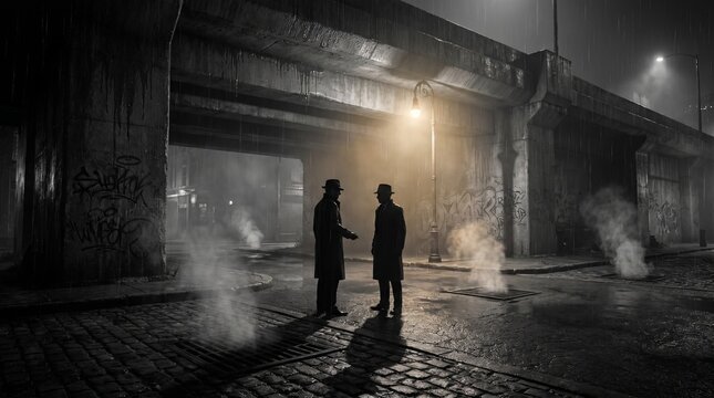 Undercover police officer meeting a suspect in a dark urban setting
