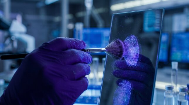 Forensic scientist analyzing fingerprints with ultraviolet light in a dark lab