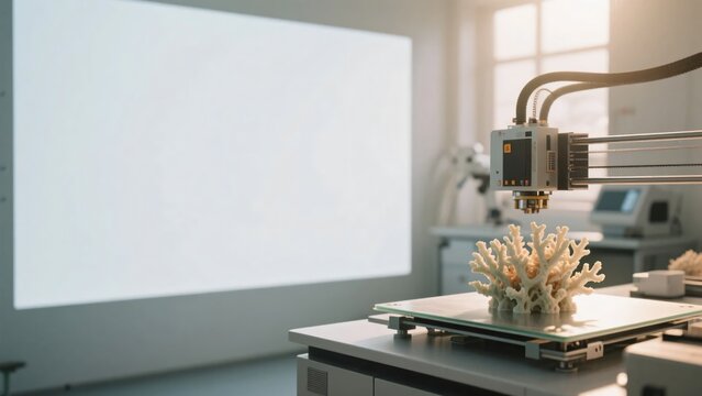 明るい研究室でサンゴのような白い物体を製造する3Dプリンター、テクノロジーのコンセプトイメージ