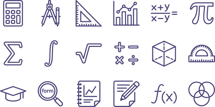 Mathematics icon set featuring various geometry symbols and algebra formulas for educational and scientific design projects