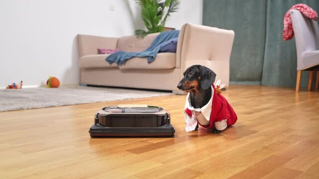 Funny black dachshund dog wearing red business shirt observing broken robot vacuum cleaner in living room interior, which suddenly turns on and runs away, smart home pet concept, technology scene.