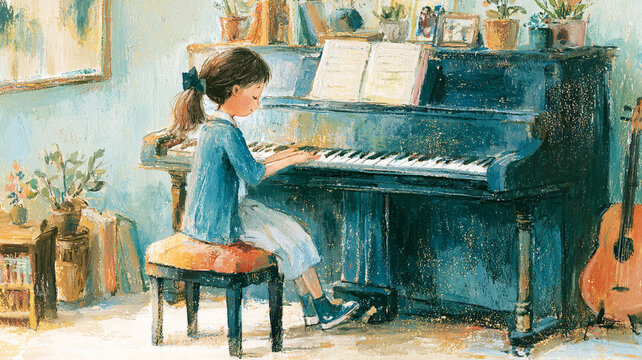 音楽に夢中になってピアノを演奏する子どもの姿を描いた、温かみのあるイラスト作品、レッスンや発表会の準備、成長の記録に使いやすい一枚、教育素材、発表会、幼稚園、学習、水彩イラスト、手描き、子ども、女の子、ピアノ、演奏、音楽、楽譜、練習、レッスン、習い事、音楽教室、発表会、集中、成長、日常、人物、キッズ、室内、インテリア、楽器、教育、保育、児童、幼児、挿絵、絵本風、広告、ブログ、ストック素材、商用利用
