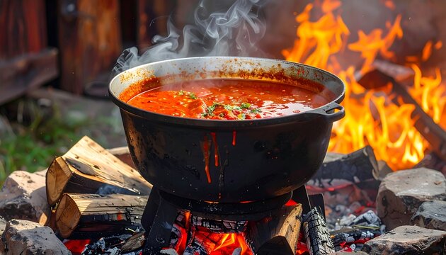 A steaming pot of vibrant red soup simmers over a roaring open fire, surrounded by split logs