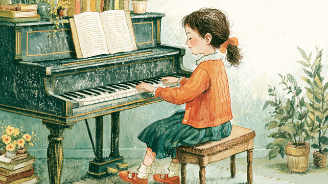 ピアノの鍵盤に向かう女の子の真剣な表情を描いた、手描き感のあるイラスト作品、幼い頃の音楽練習や発表会へ向けた努力を表現した生活風景、教育素材、発表会、幼稚園、園児、水彩イラスト、手描き、子ども、女の子、ピアノ、演奏、音楽、楽譜、練習、レッスン、習い事、音楽教室、発表会、集中、成長、日常、人物、キッズ、室内、インテリア、楽器、教育、保育、児童、幼児、挿絵、絵本風、広告、ブログ、ストック素材、商用利用