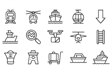 Transport Logistics Line Icons With Train, Helicopter, Ship and Drone Symbols © Icon Nest