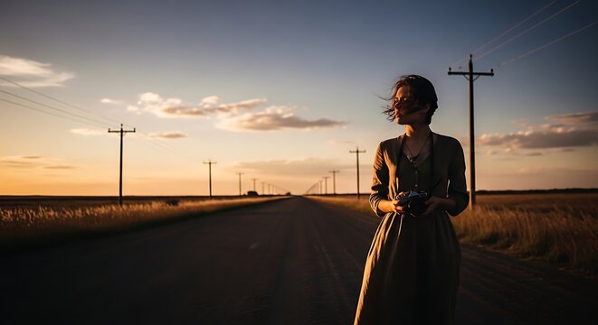 woman in long dress holding wooden cross at sunset near wind turbines