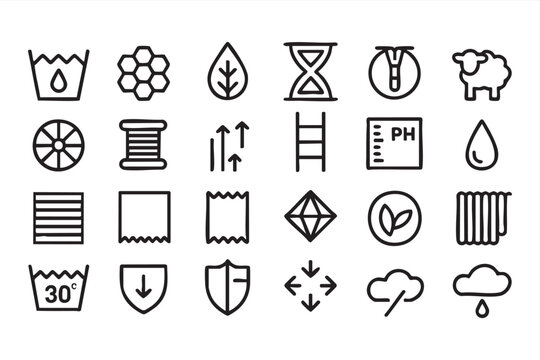 Laundry Care Line Icons With Fabric Labels, Wash Symbols and Textile Instructions