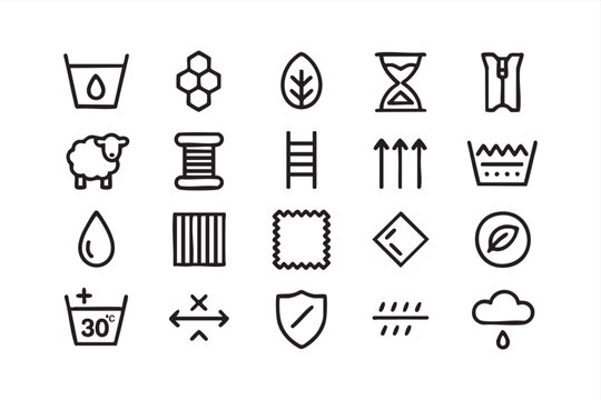 Black and White Laundry Icons With Washing, Drying, Wool, Cotton and Care Symbols