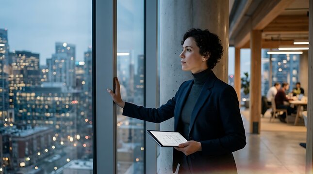asian businesswoman looking out office window with cityscape