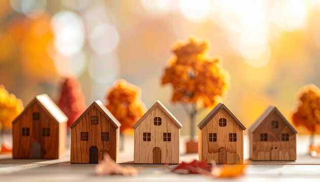 Autumn themed miniature wooden houses with fall leaves in the background