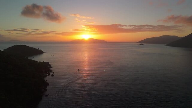 Aerial view of the island of Ilha Grande near the town of Angra dos Reis in Brazil during sunrise