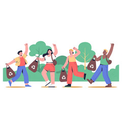 Fototapeta premium Diverse group of people holding recycling bags for environmental cleanup and community sustainability project vector