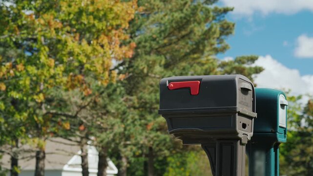 Woman retrieving postal mail from residential mailbox on sunny day.