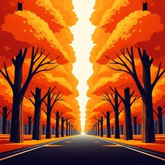 Fototapeta premium A bold graphic illustration of a symmetrical autumn avenue with towering orange trees rendered in a striking industrial propaganda style, clean, landscape, road
