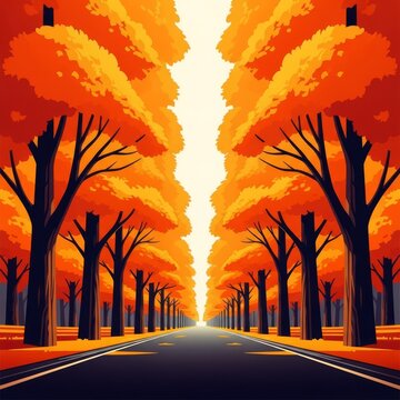 A bold graphic illustration of a symmetrical autumn avenue with towering orange trees rendered in a striking industrial propaganda style, clean, landscape, road