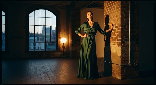 elegant woman in emerald green dress posing by brick wall with warm lighting