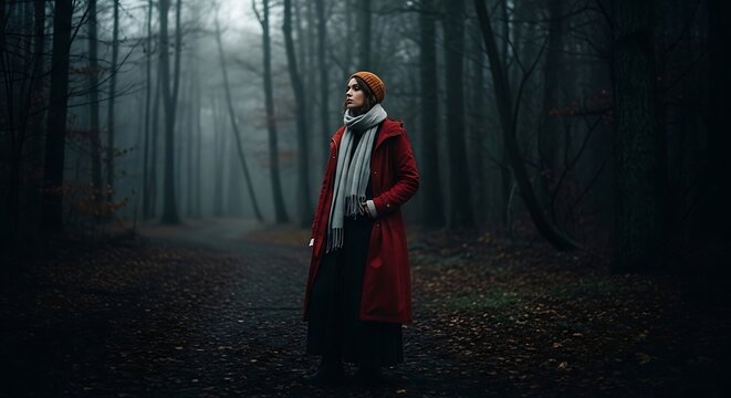 fantasy queen in red gown walking through misty enchanted forest at dusk