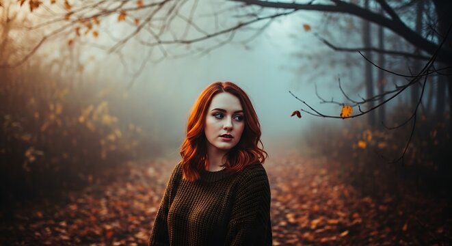 redhead woman in autumn misty forest with golden sunlight and falling leaves